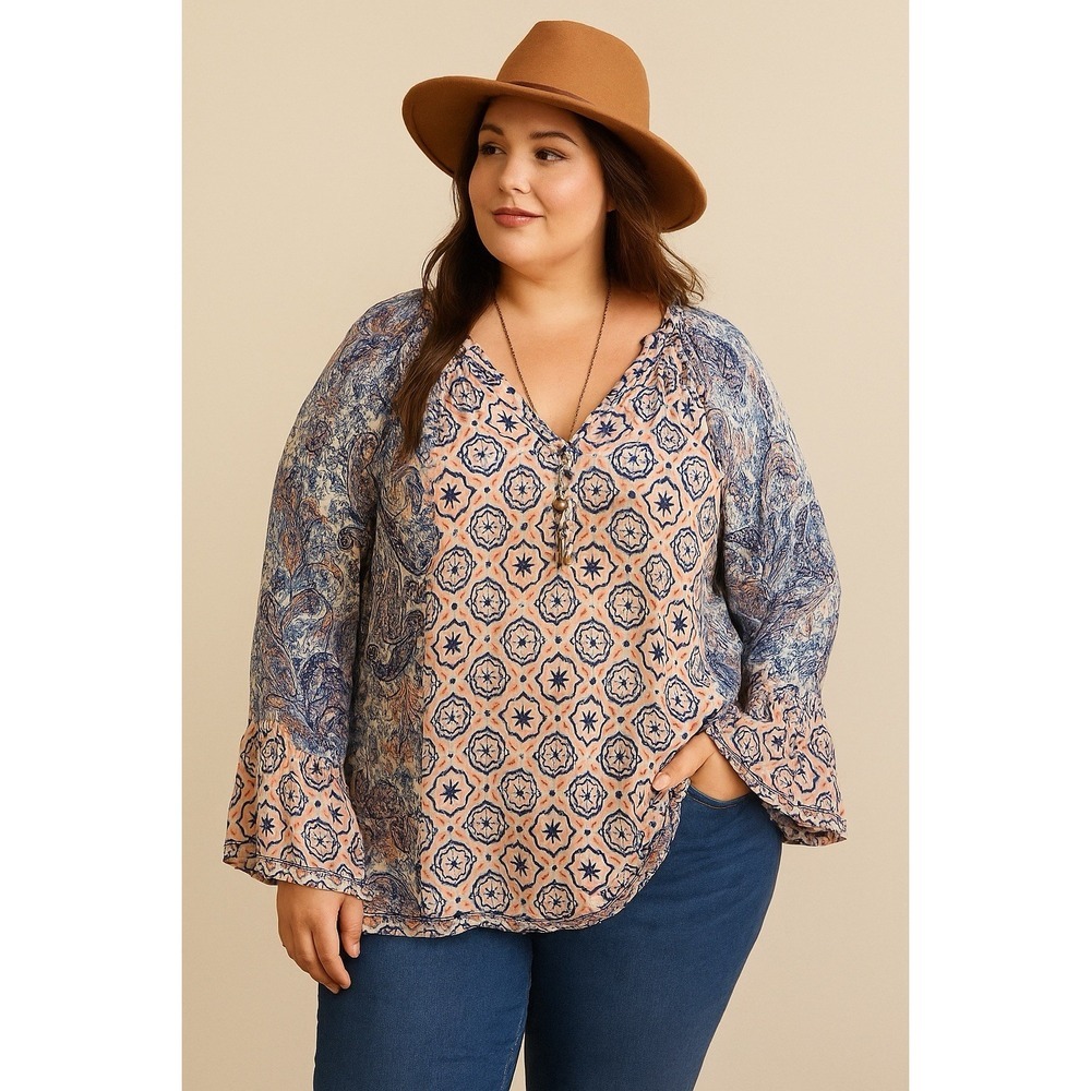 Siren Lily Womens Blouse 2X Floral Sheer Blouse Blue Pink Flare Tab Sleeves Boho